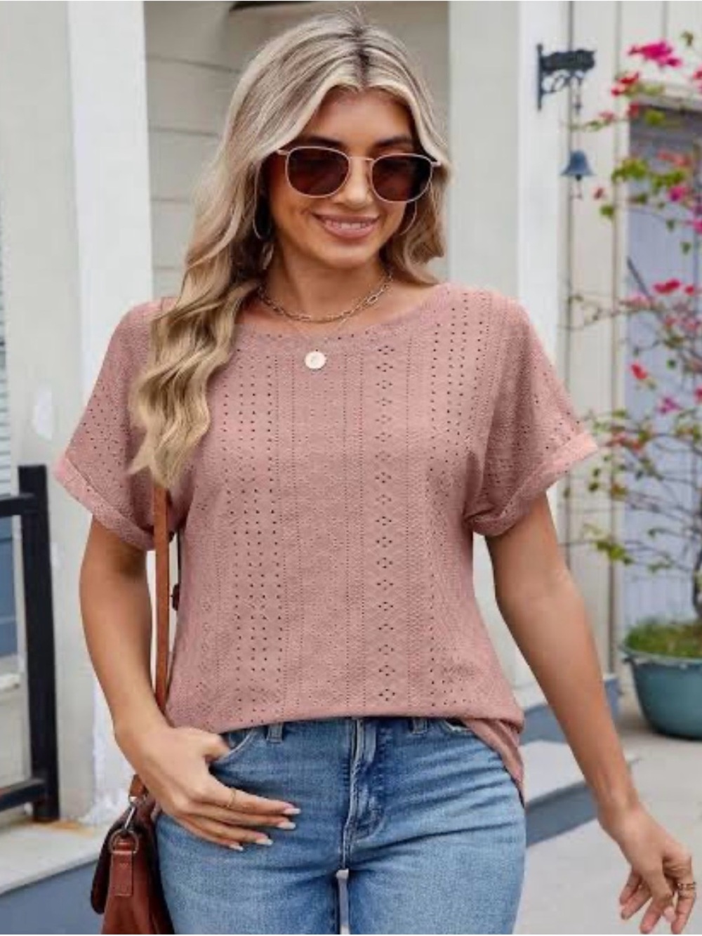 6/$20 SHEIN Tan Eyelet Knit Short Sleeve Top XL New in Bag!